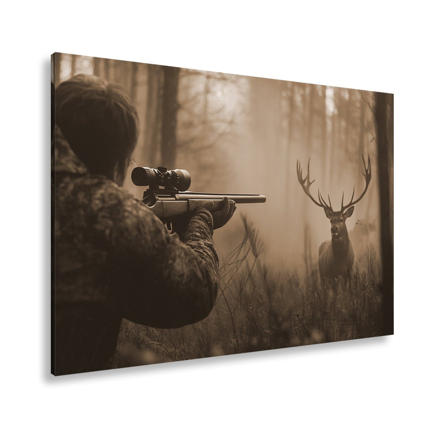 Leinwandbild Jäger XXL – Im Nebel visiert den stolzen Hirsch an - deyoli