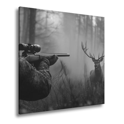 Leinwandbild Jäger XXL – Im Nebel visiert den stolzen Hirsch an - deyoli