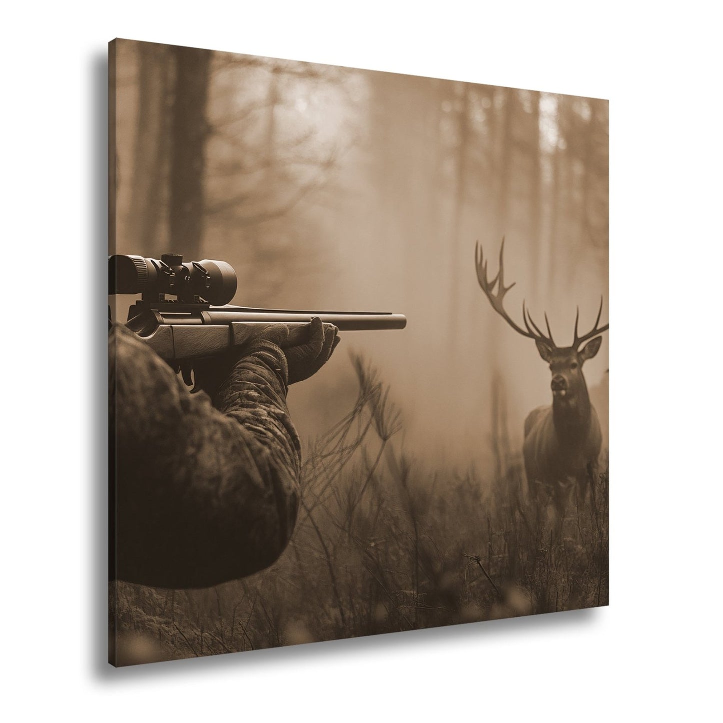 Leinwandbild Jäger XXL – Im Nebel visiert den stolzen Hirsch an - deyoli