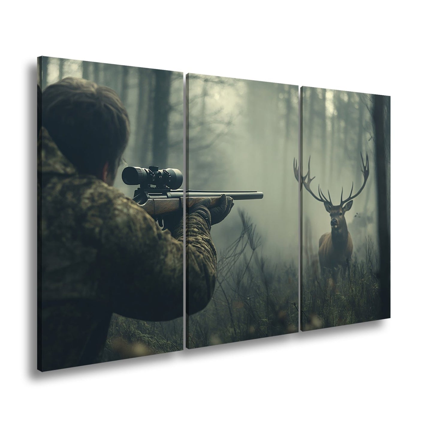 Leinwandbild Jäger XXL – Im Nebel visiert den stolzen Hirsch an - deyoli