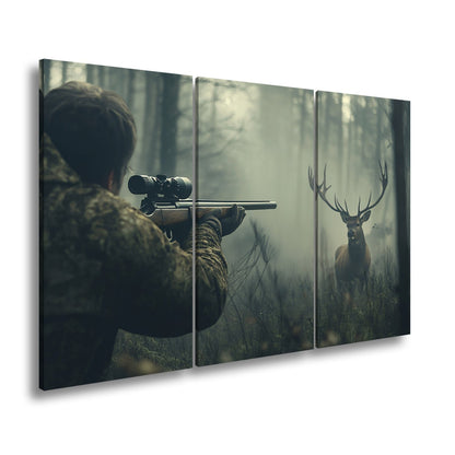 Leinwandbild Jäger XXL – Im Nebel visiert den stolzen Hirsch an - deyoli