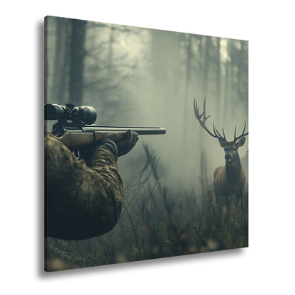 Leinwandbild Jäger XXL – Im Nebel visiert den stolzen Hirsch an - deyoli