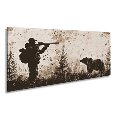 Leinwandbild Jäger XXL – Silhouette trifft auf mächtigen Bären im Wald - deyoli