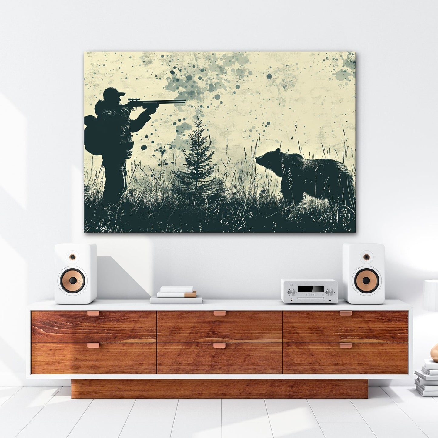 Leinwandbild Jäger XXL – Silhouette trifft auf mächtigen Bären im Wald - deyoli