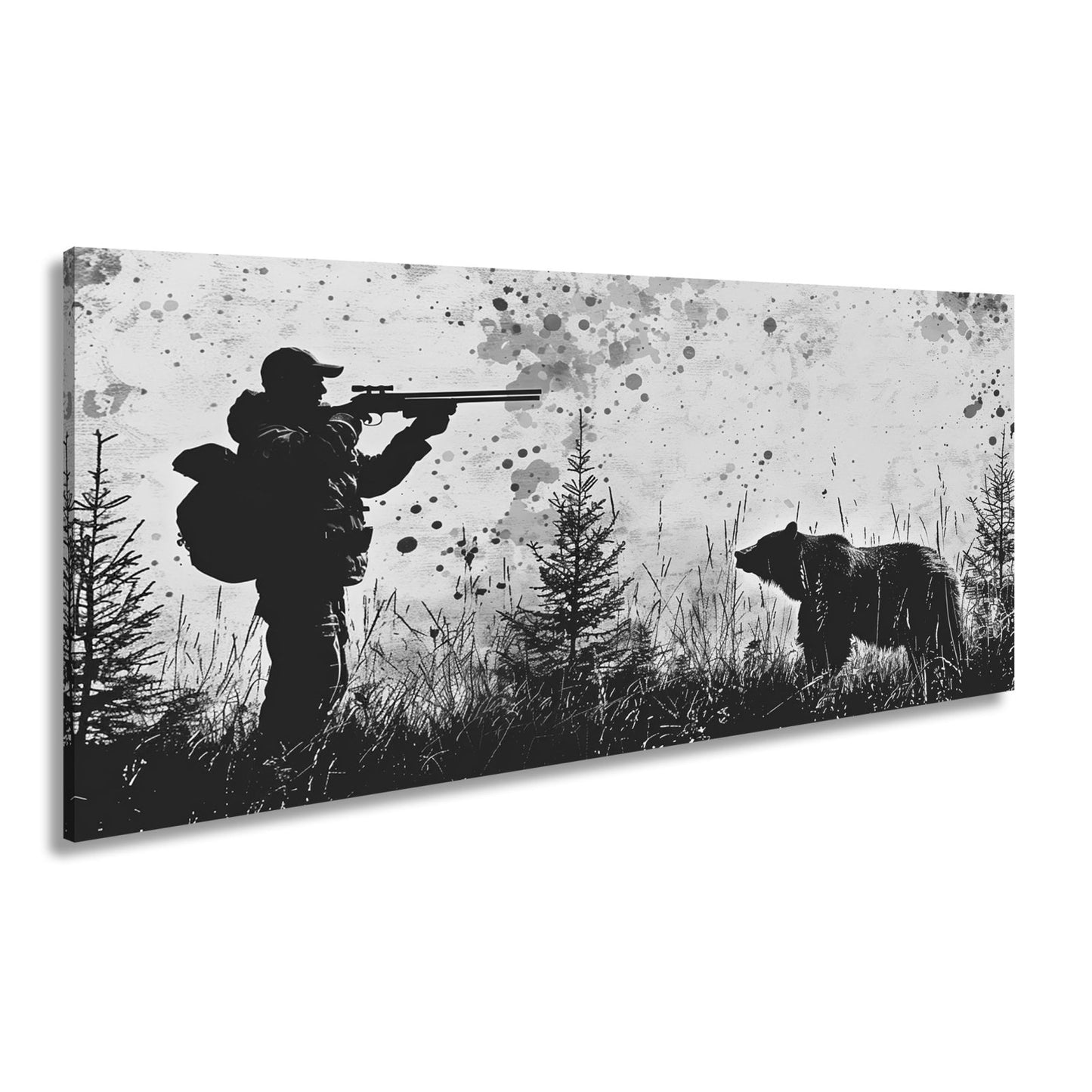 Leinwandbild Jäger XXL – Silhouette trifft auf mächtigen Bären im Wald - deyoli