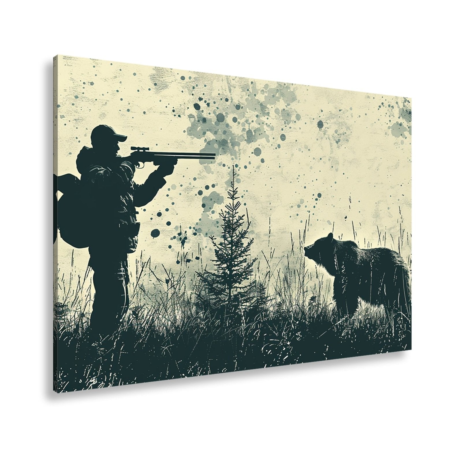 Leinwandbild Jäger XXL – Silhouette trifft auf mächtigen Bären im Wald - deyoli