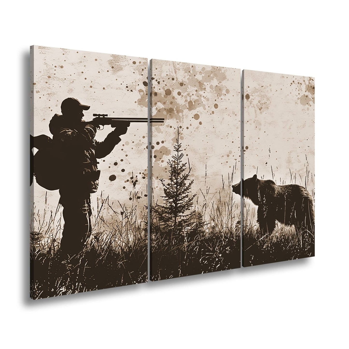 Leinwandbild Jäger XXL – Silhouette trifft auf mächtigen Bären im Wald - deyoli