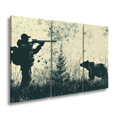 Leinwandbild Jäger XXL – Silhouette trifft auf mächtigen Bären im Wald - deyoli