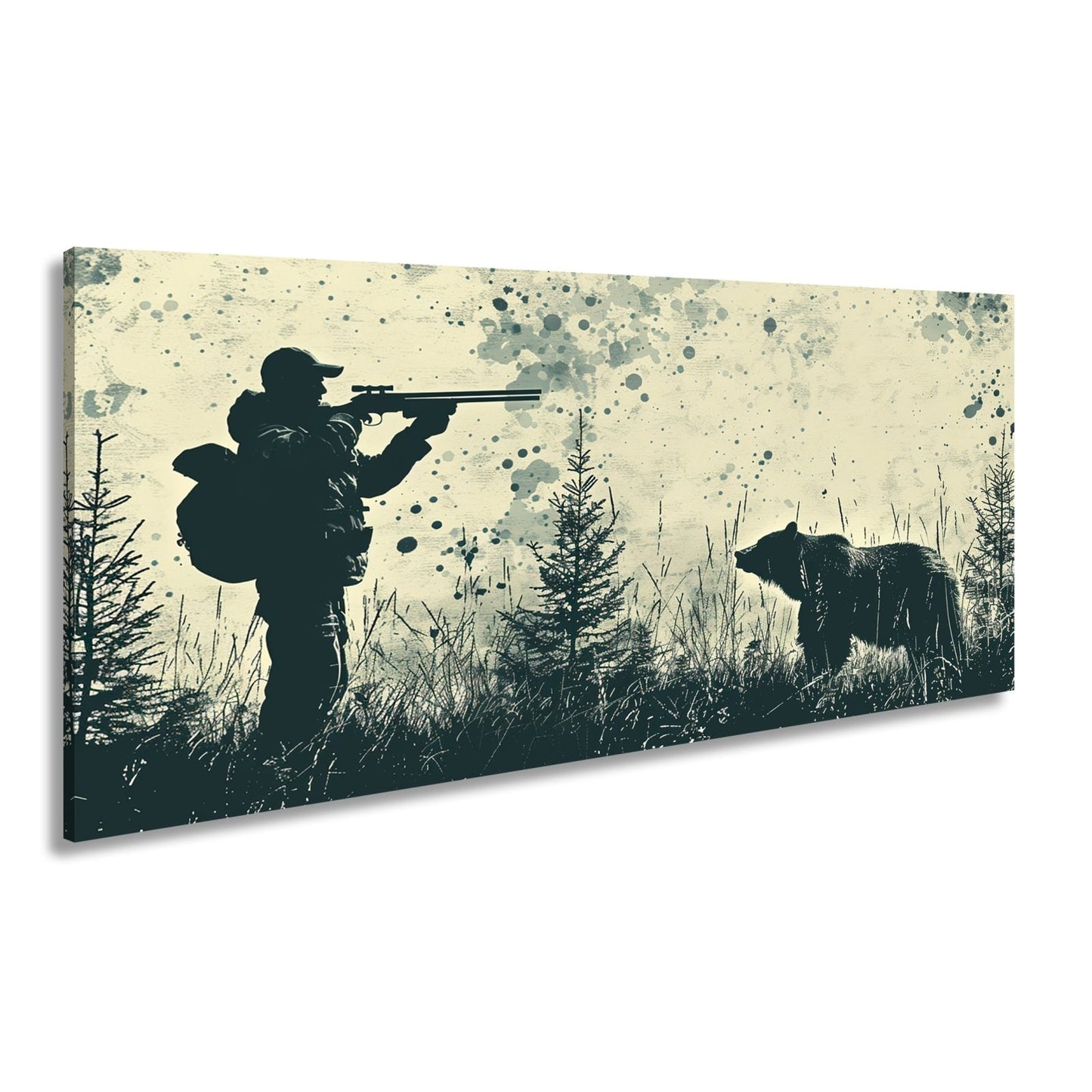 Leinwandbild Jäger XXL – Silhouette trifft auf mächtigen Bären im Wald - deyoli