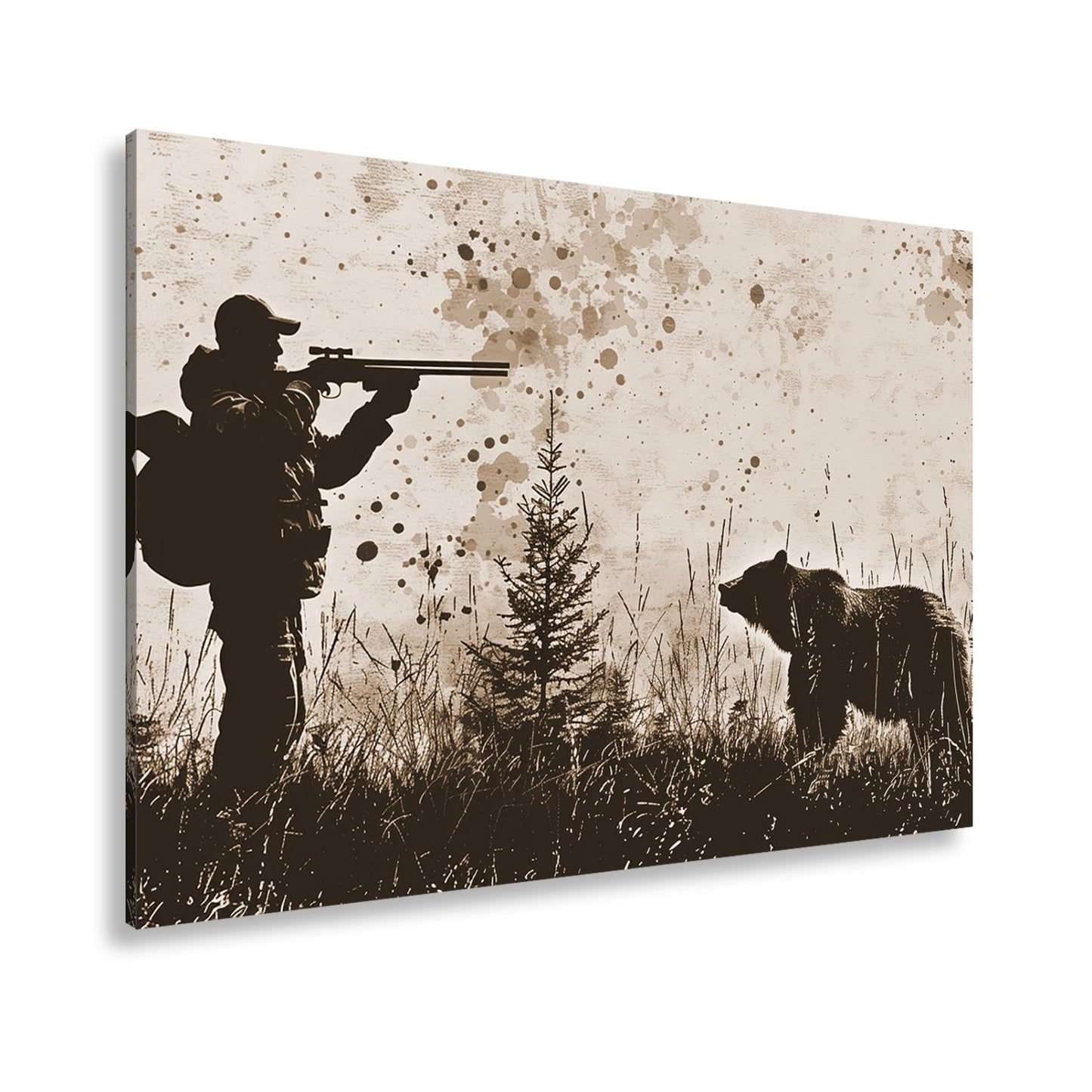 Leinwandbild Jäger XXL – Silhouette trifft auf mächtigen Bären im Wald - deyoli
