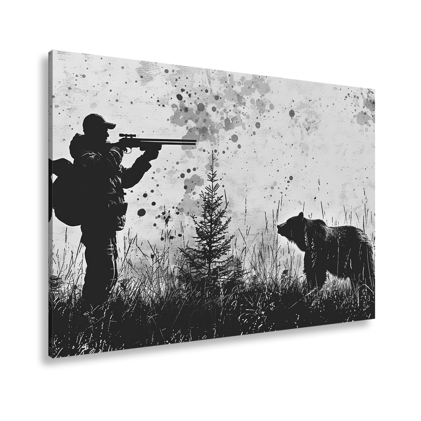 Leinwandbild Jäger XXL – Silhouette trifft auf mächtigen Bären im Wald - deyoli