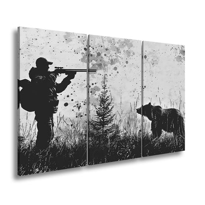 Leinwandbild Jäger XXL – Silhouette trifft auf mächtigen Bären im Wald - deyoli