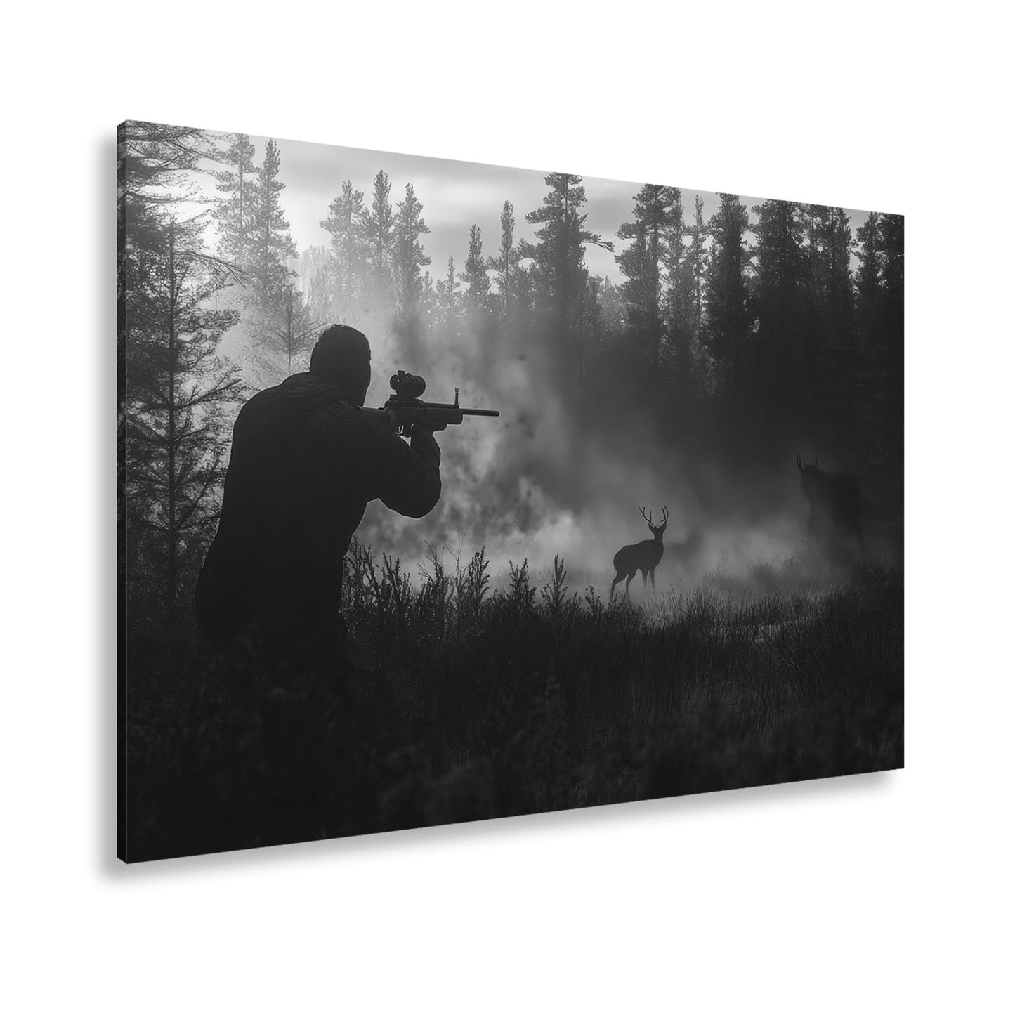Leinwandbild Jäger XXL – Sonnennebel umhüllt vor scheuen Wildtieren - deyoli