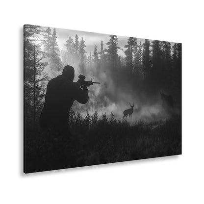 Leinwandbild Jäger XXL – Sonnennebel umhüllt vor scheuen Wildtieren - deyoli
