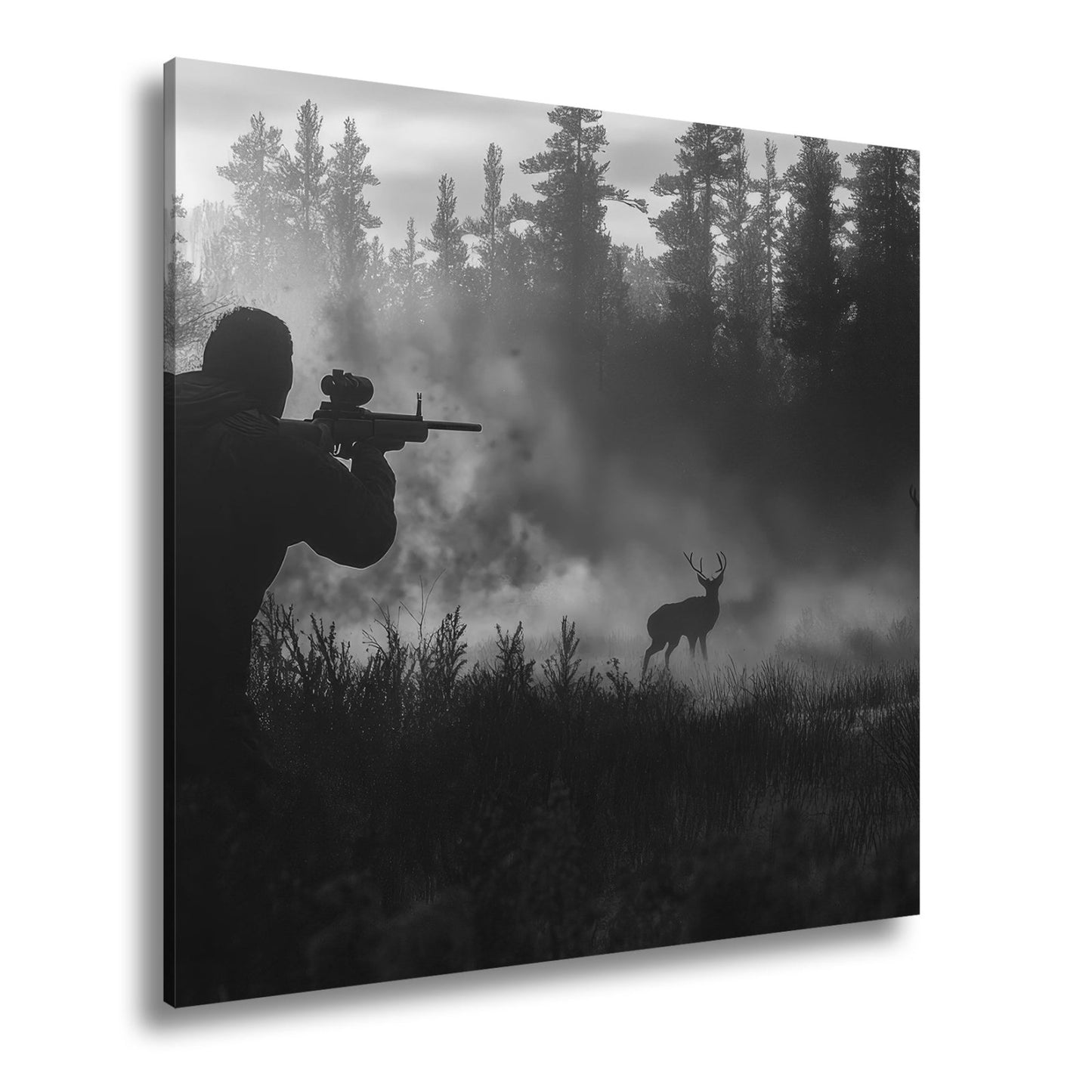 Leinwandbild Jäger XXL – Sonnennebel umhüllt vor scheuen Wildtieren - deyoli