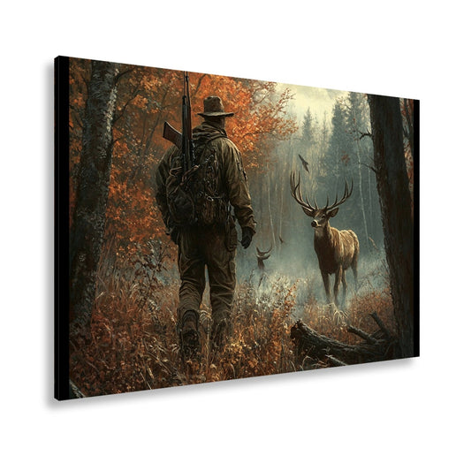 Leinwandbild Jäger XXL – Stille Begegnung mit Hirsch im Herbstwald - deyoli