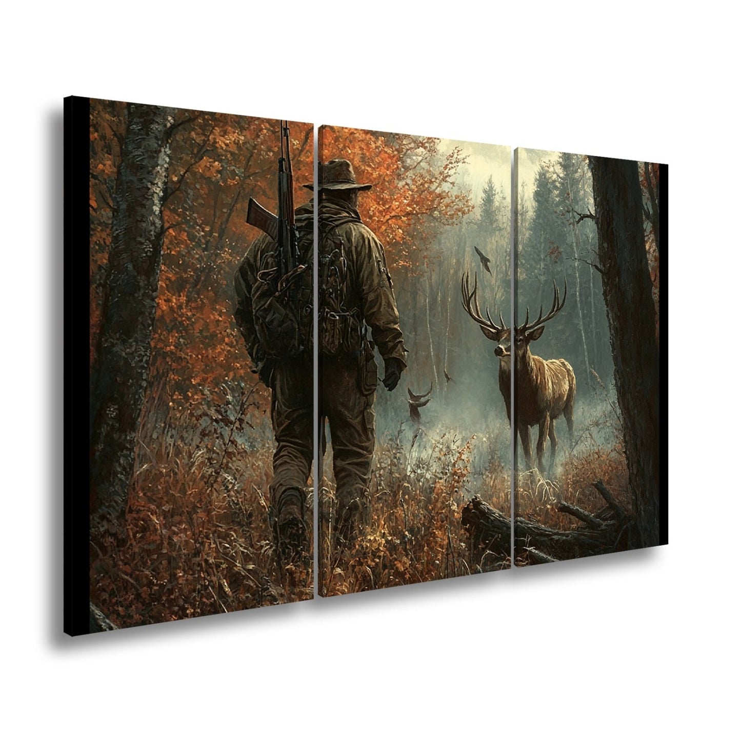 Leinwandbild Jäger XXL – Stille Begegnung mit Hirsch im Herbstwald - deyoli