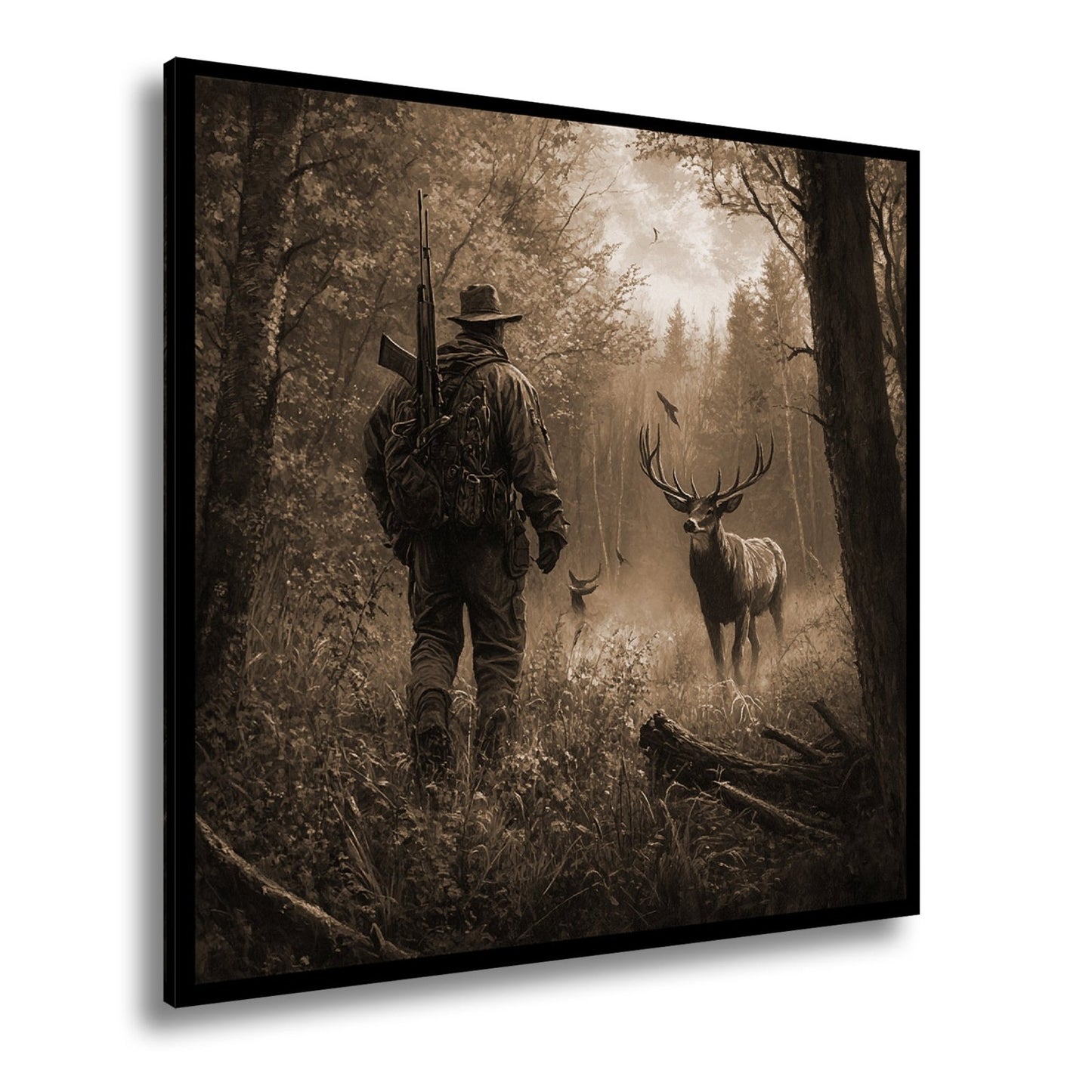 Leinwandbild Jäger XXL – Stille Begegnung mit Hirsch im Herbstwald - deyoli