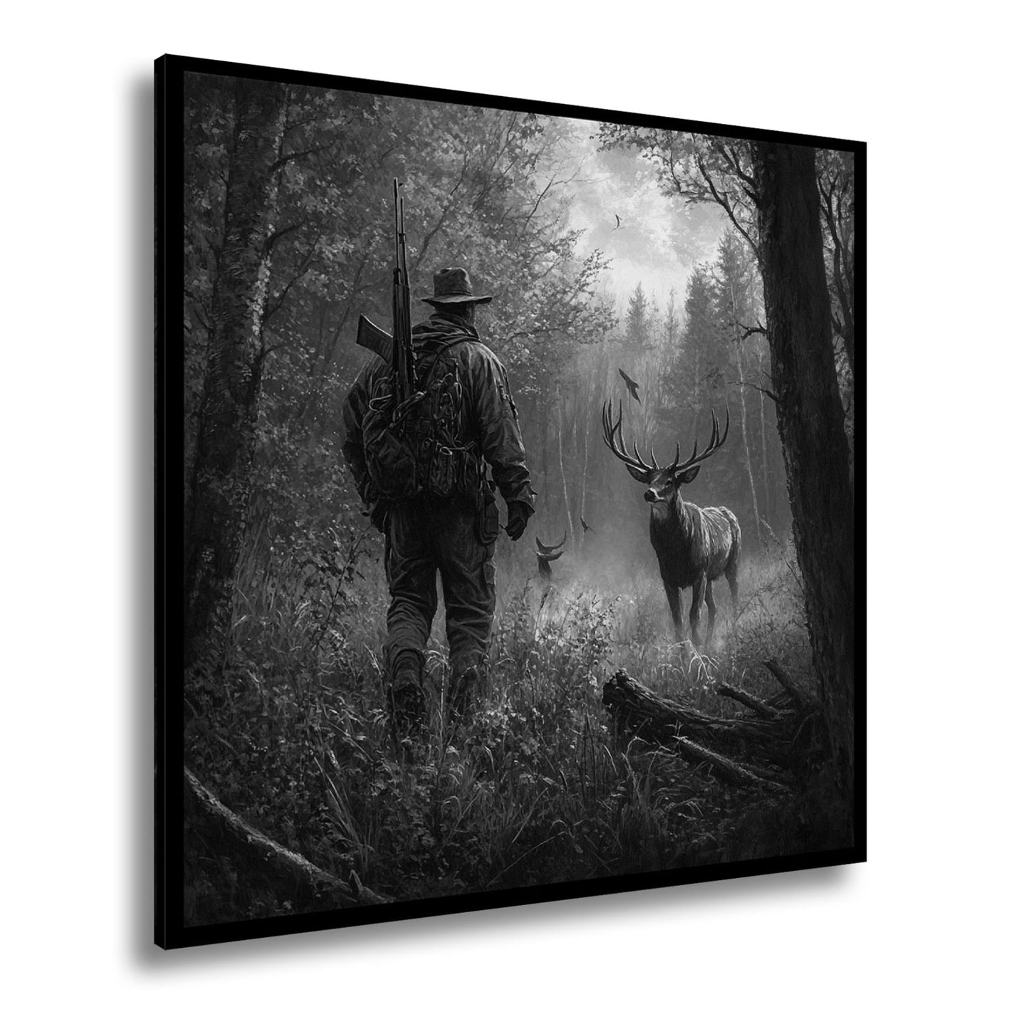 Leinwandbild Jäger XXL – Stille Begegnung mit Hirsch im Herbstwald - deyoli