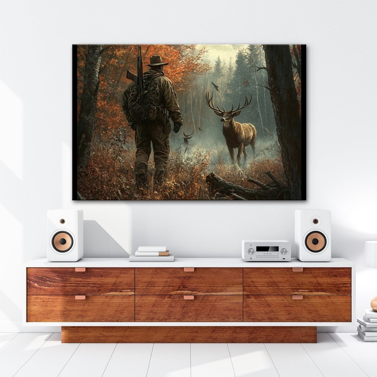 Leinwandbild Jäger XXL – Stille Begegnung mit Hirsch im Herbstwald - deyoli