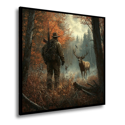 Leinwandbild Jäger XXL – Stille Begegnung mit Hirsch im Herbstwald - deyoli