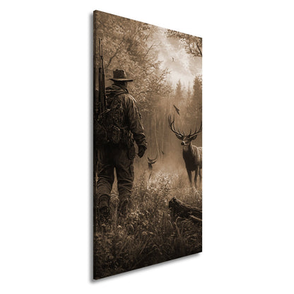 Leinwandbild Jäger XXL – Stille Begegnung mit Hirsch im Herbstwald - deyoli