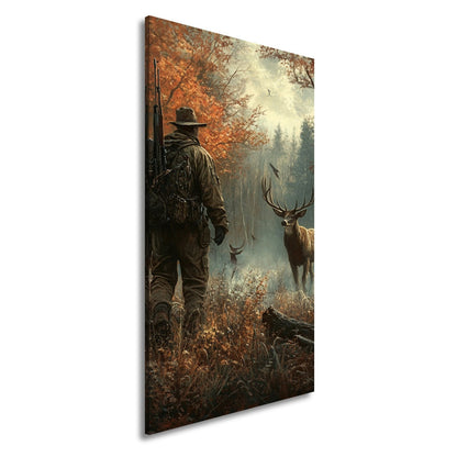 Leinwandbild Jäger XXL – Stille Begegnung mit Hirsch im Herbstwald - deyoli