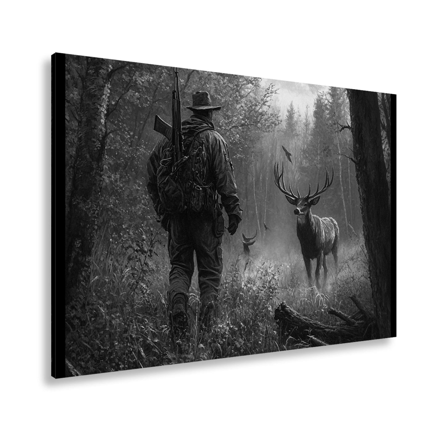 Leinwandbild Jäger XXL – Stille Begegnung mit Hirsch im Herbstwald - deyoli