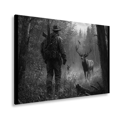 Leinwandbild Jäger XXL – Stille Begegnung mit Hirsch im Herbstwald - deyoli