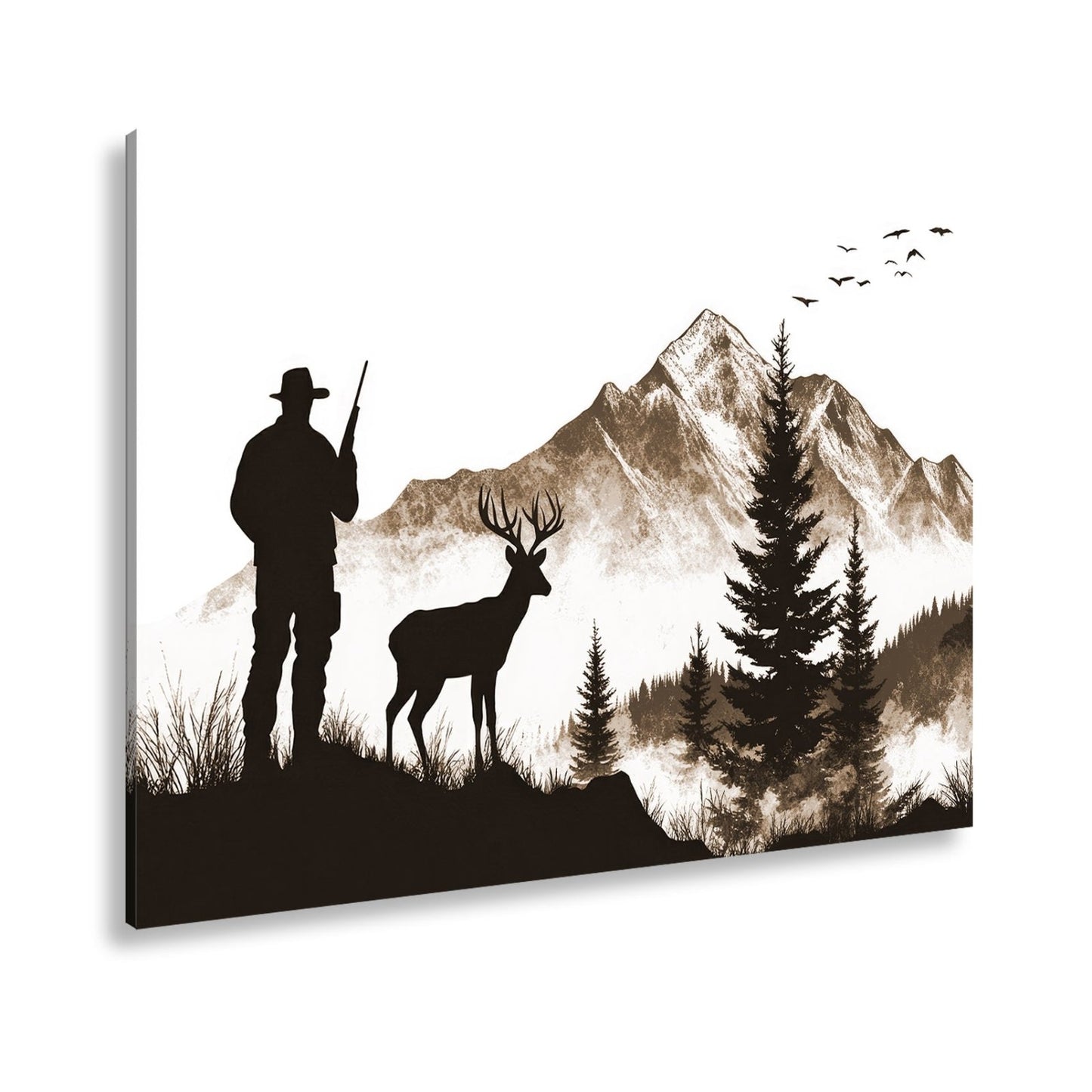 Leinwandbild Jäger XXL – Stille Begegnung mit Hirsch vor verschneiten Gipfeln - deyoli