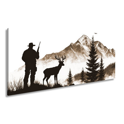 Leinwandbild Jäger XXL – Stille Begegnung mit Hirsch vor verschneiten Gipfeln - deyoli