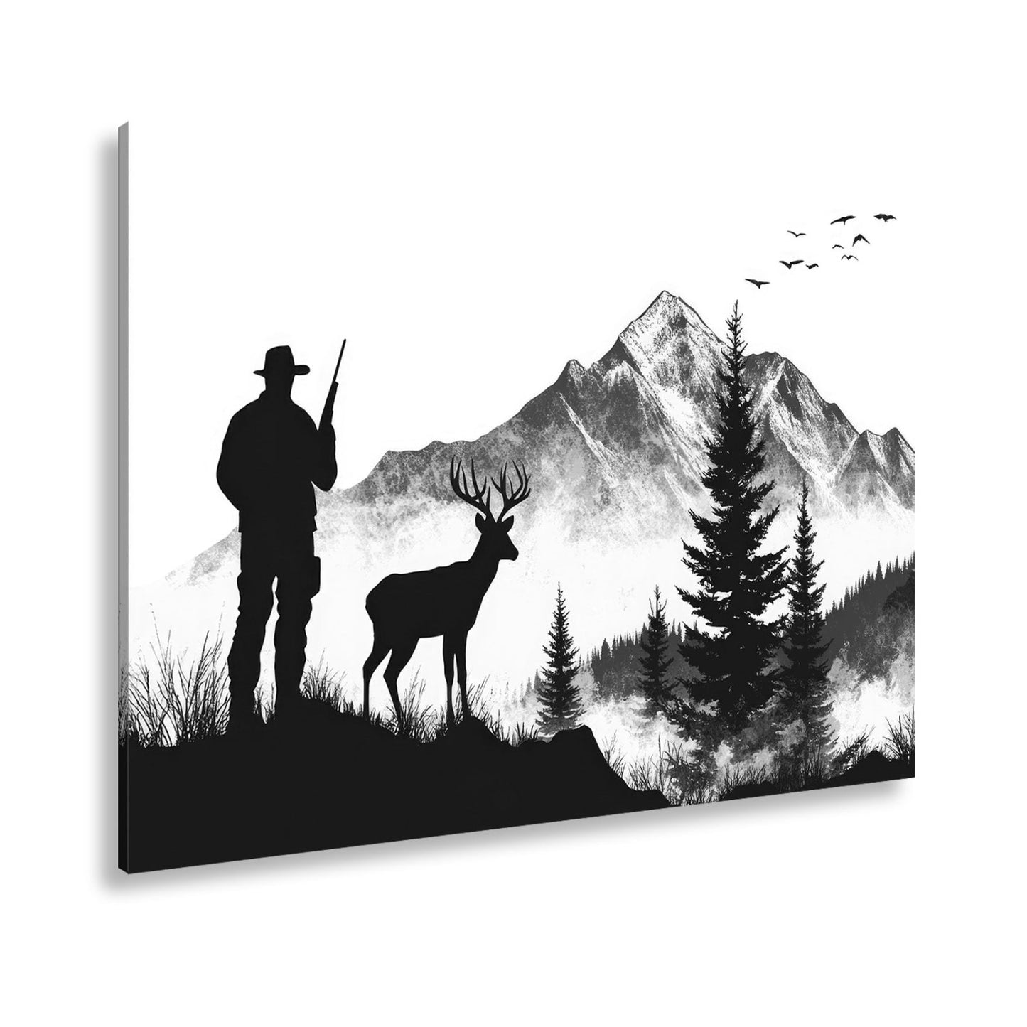 Leinwandbild Jäger XXL – Stille Begegnung mit Hirsch vor verschneiten Gipfeln - deyoli