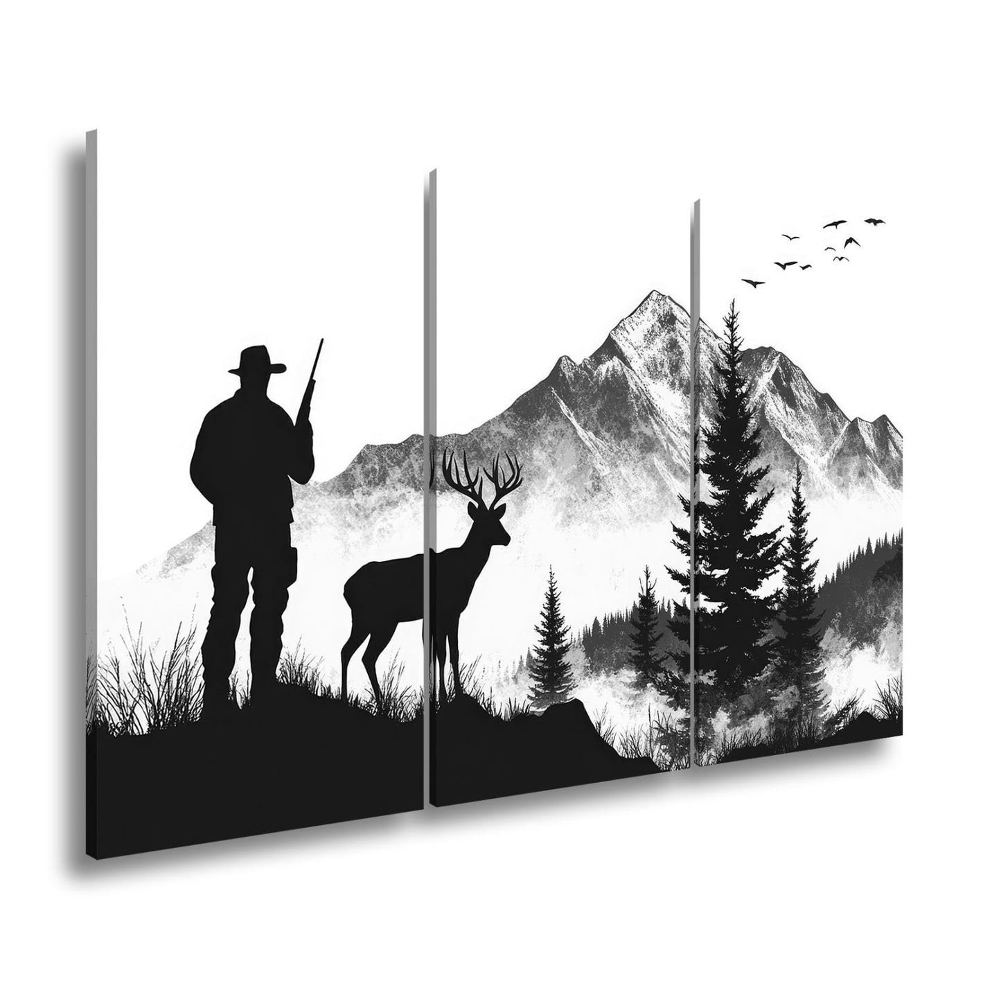 Leinwandbild Jäger XXL – Stille Begegnung mit Hirsch vor verschneiten Gipfeln - deyoli