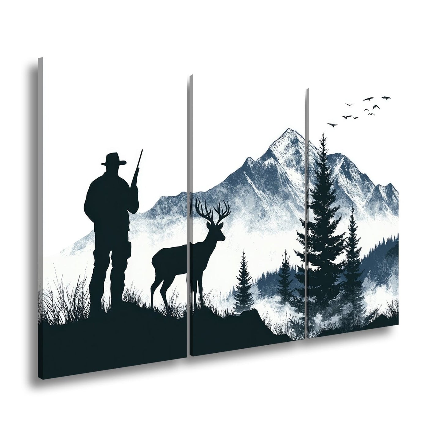 Leinwandbild Jäger XXL – Stille Begegnung mit Hirsch vor verschneiten Gipfeln - deyoli