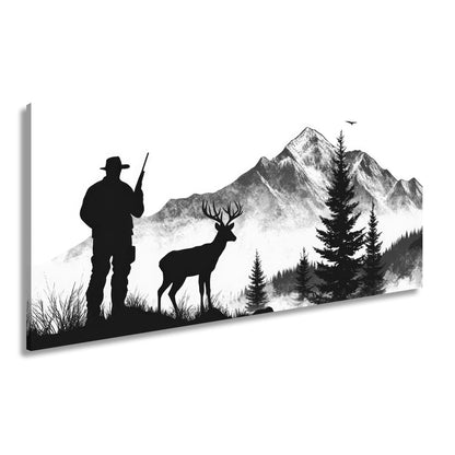 Leinwandbild Jäger XXL – Stille Begegnung mit Hirsch vor verschneiten Gipfeln - deyoli