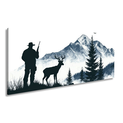 Leinwandbild Jäger XXL – Stille Begegnung mit Hirsch vor verschneiten Gipfeln - deyoli