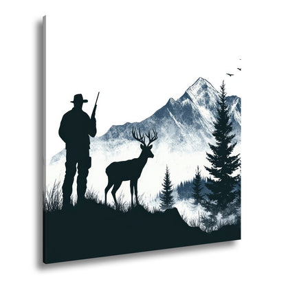 Leinwandbild Jäger XXL – Stille Begegnung mit Hirsch vor verschneiten Gipfeln - deyoli