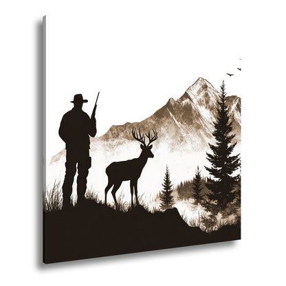 Leinwandbild Jäger XXL – Stille Begegnung mit Hirsch vor verschneiten Gipfeln - deyoli