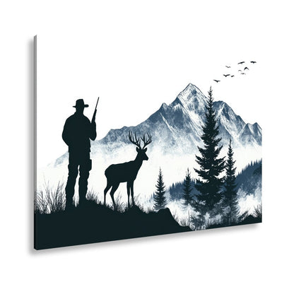 Leinwandbild Jäger XXL – Stille Begegnung mit Hirsch vor verschneiten Gipfeln - deyoli