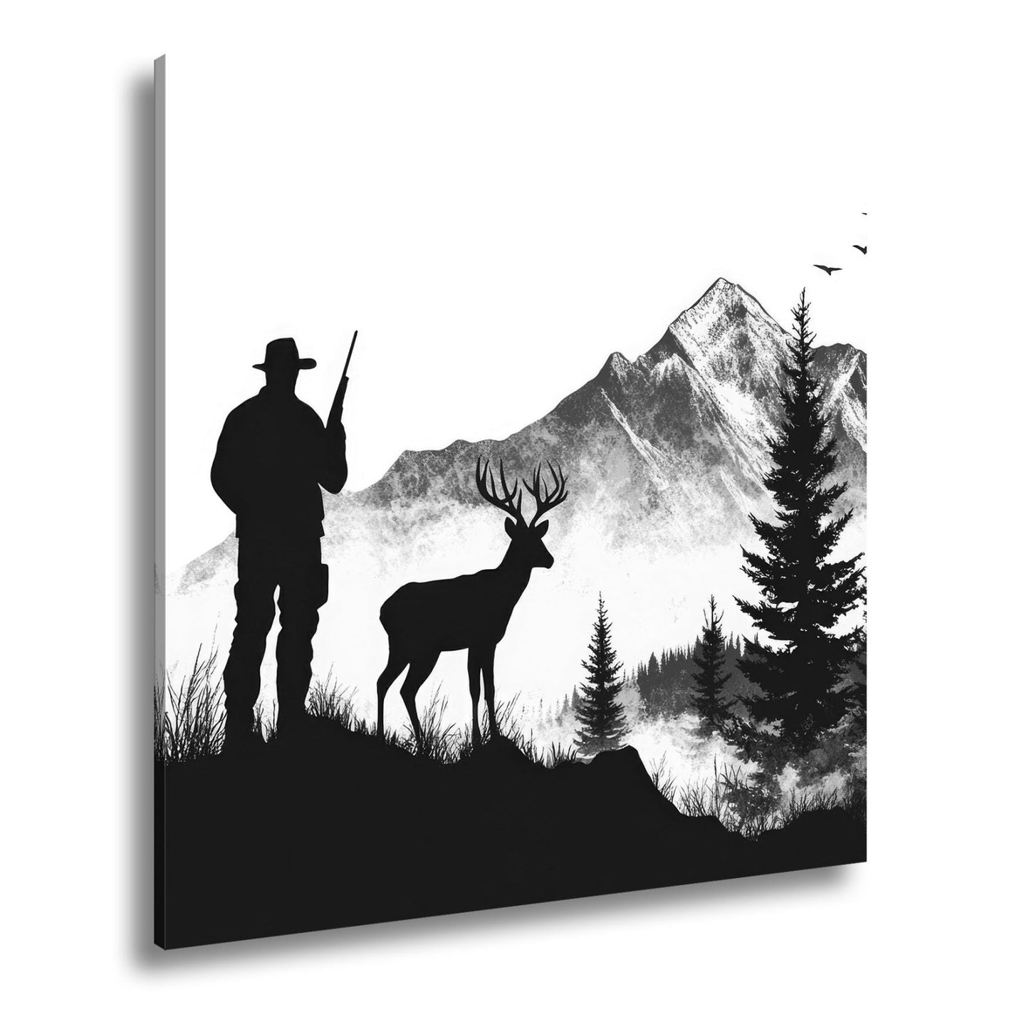 Leinwandbild Jäger XXL – Stille Begegnung mit Hirsch vor verschneiten Gipfeln - deyoli