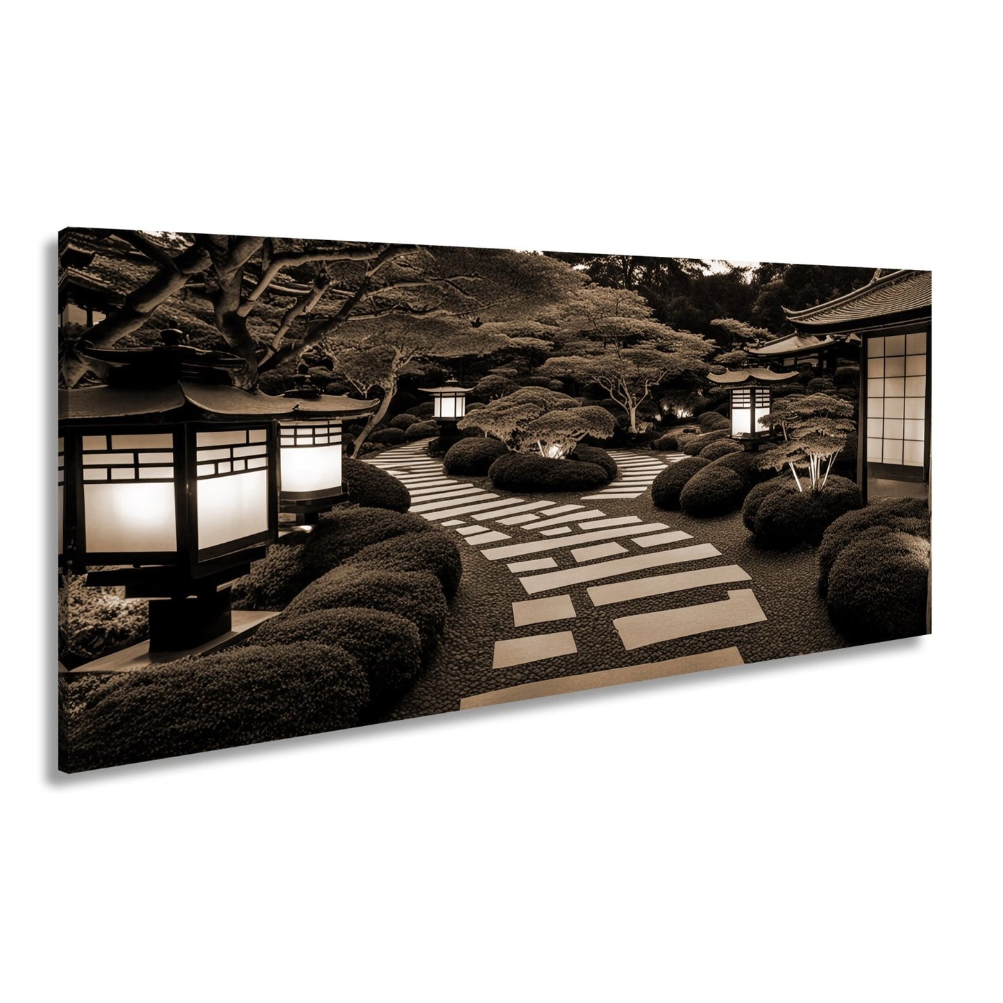 Leinwandbild Japanischer Garten im Licht mit Formschnittbüschen XXL – Natur Zen - deyoli