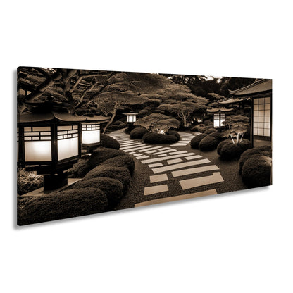 Leinwandbild Japanischer Garten im Licht mit Formschnittbüschen XXL – Natur Zen - deyoli
