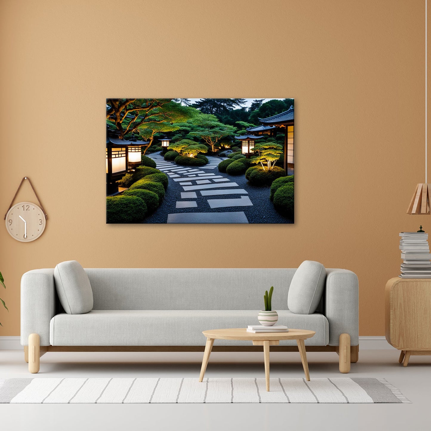 Leinwandbild Japanischer Garten im Licht mit Formschnittbüschen XXL – Natur Zen - deyoli