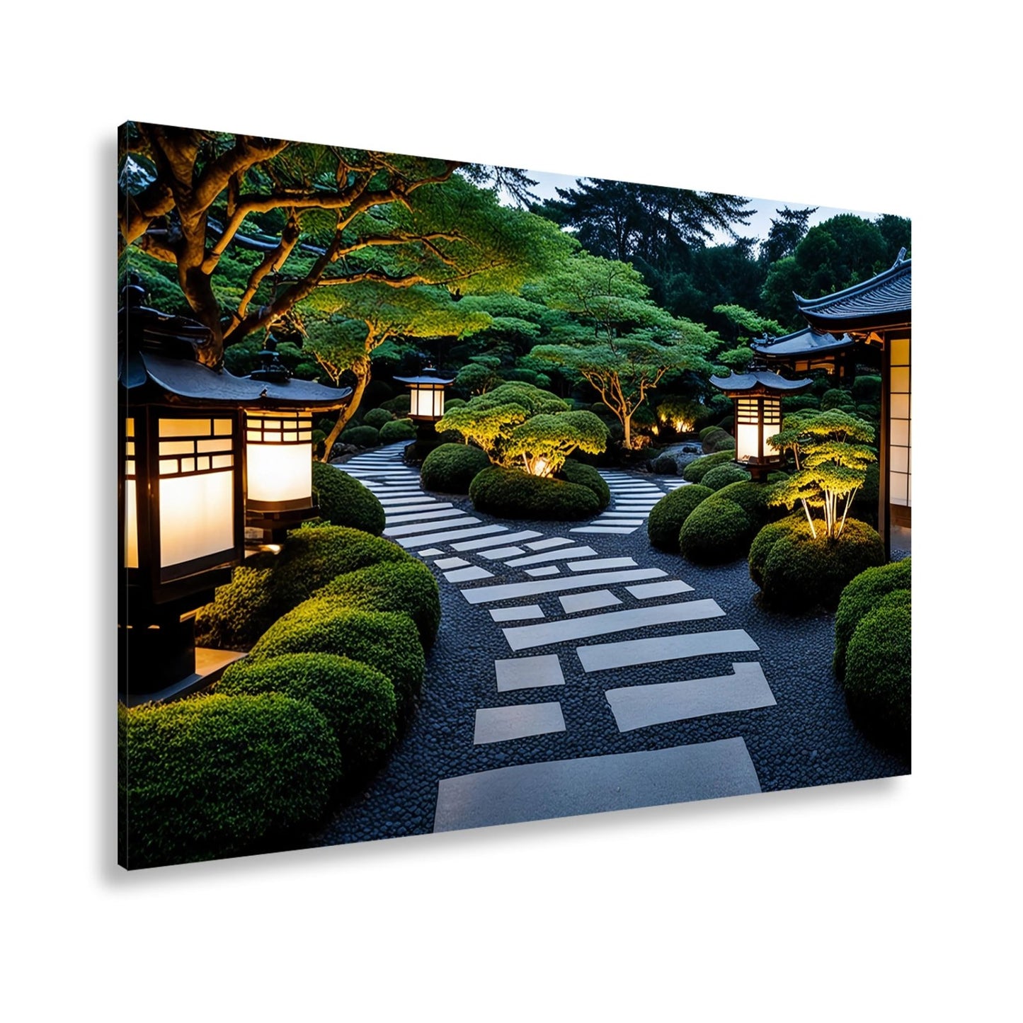 Leinwandbild Japanischer Garten im Licht mit Formschnittbüschen XXL – Natur Zen - deyoli