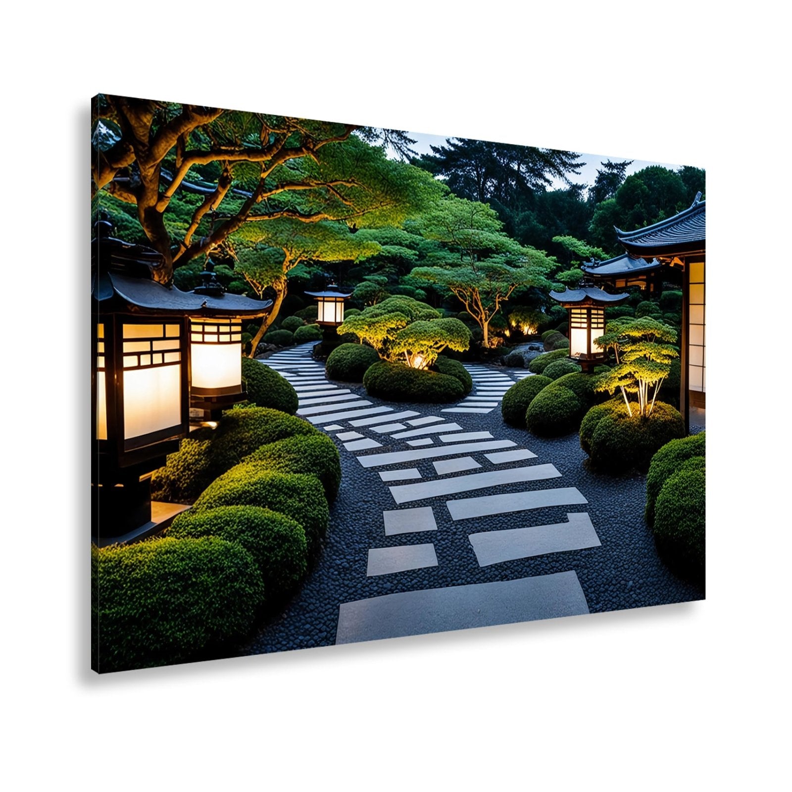Leinwandbild Japanischer Garten im Licht mit Formschnittbüschen XXL – Natur Zen - deyoli