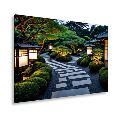 Leinwandbild Japanischer Garten im Licht mit Formschnittbüschen XXL – Natur Zen - deyoli