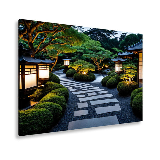 Leinwandbild Japanischer Garten im Licht mit Formschnittbüschen XXL – Natur Zen - deyoli