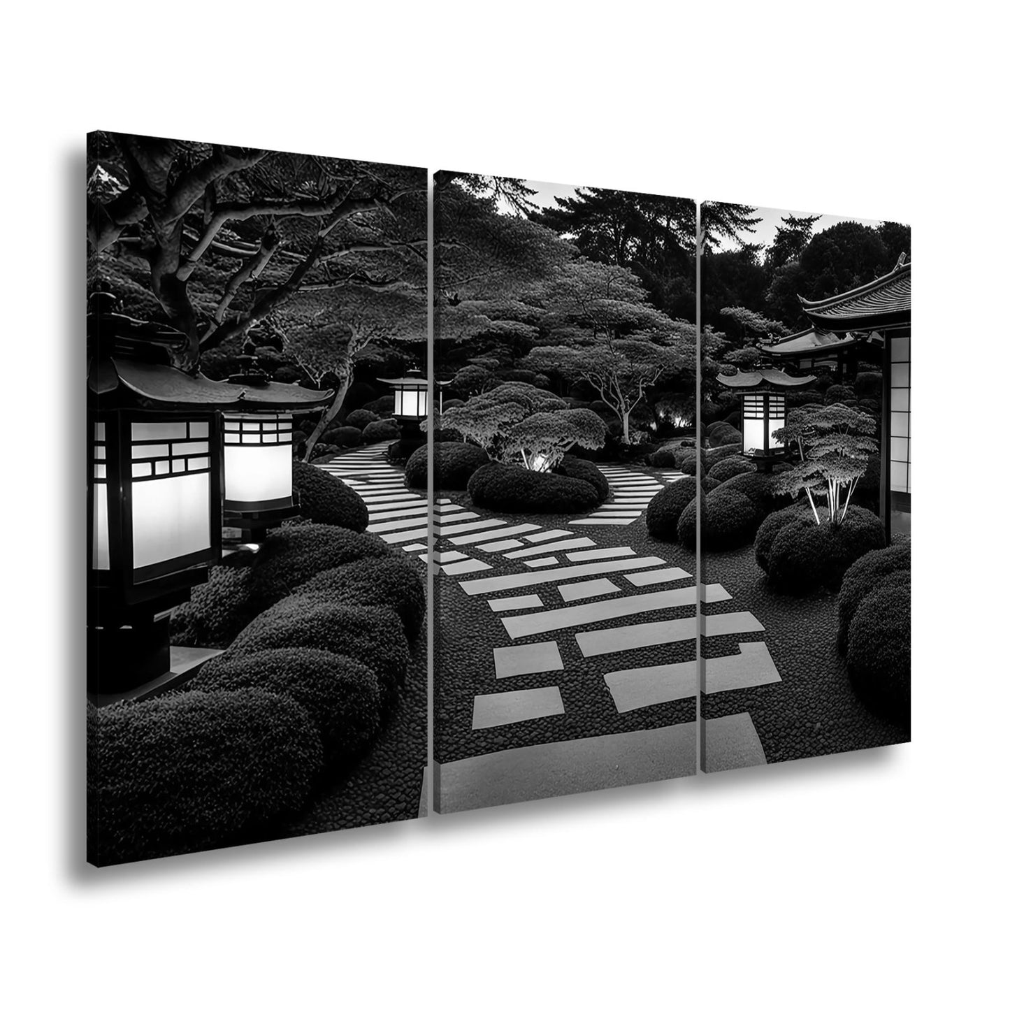 Leinwandbild Japanischer Garten im Licht mit Formschnittbüschen XXL – Natur Zen - deyoli
