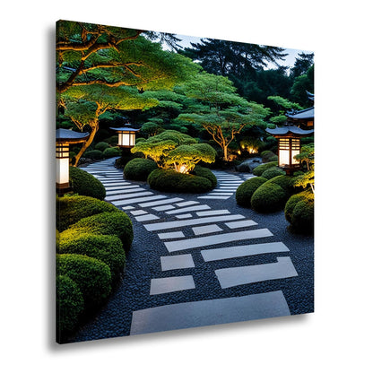 Leinwandbild Japanischer Garten im Licht mit Formschnittbüschen XXL – Natur Zen - deyoli