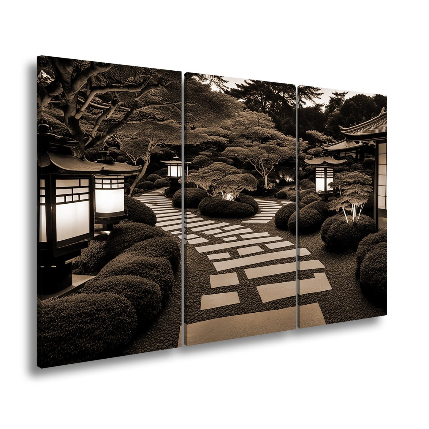 Leinwandbild Japanischer Garten im Licht mit Formschnittbüschen XXL – Natur Zen - deyoli